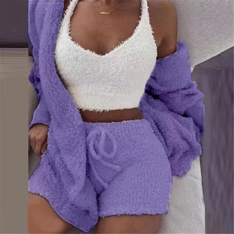 Fluffy Knit V-Neck Crop Cami Drawstring Shorts and Cardigan Three Piece Lounge Set 11