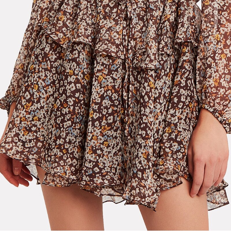Chiffon Deep V-Neck Long Sleeve Tie Waist Tiered Ruffle Floral Mini Dress