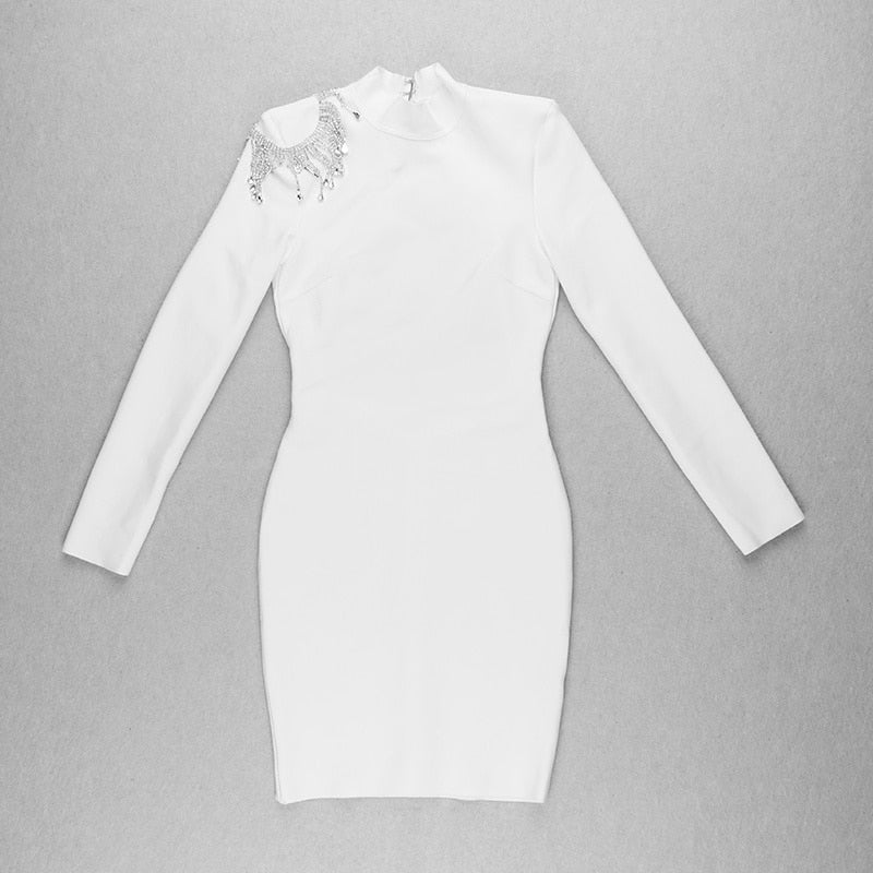 Mock Neck Long Sleeve Backless Rhinestone Fringe Bandage Mini Dress