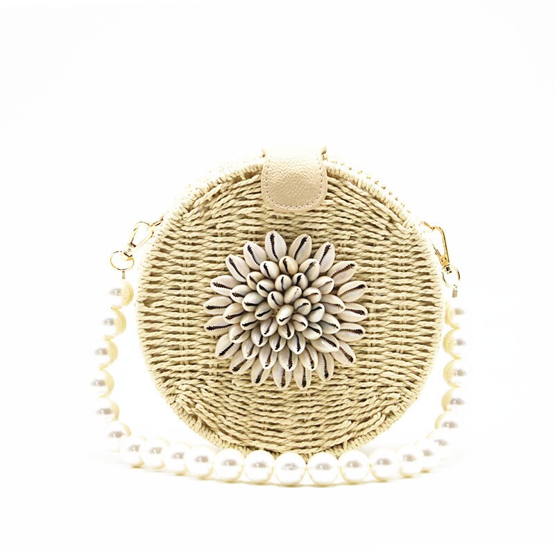 Round Shell Pearl Woven Straw Bag