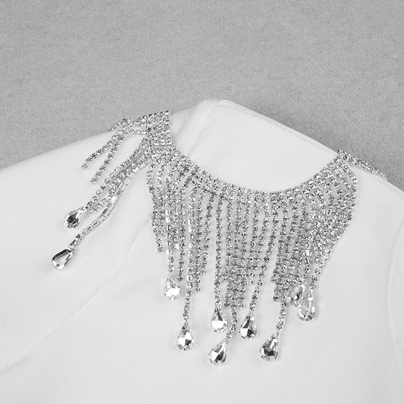 Mock Neck Long Sleeve Backless Rhinestone Fringe Bandage Mini Dress