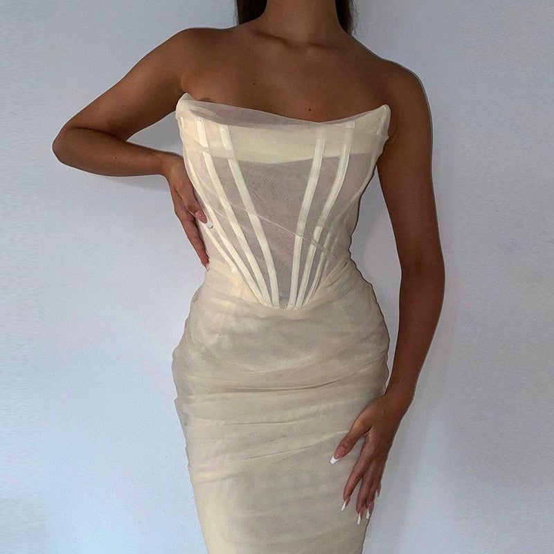 Mesh Strapless Corset Ruched Bodycon Dress