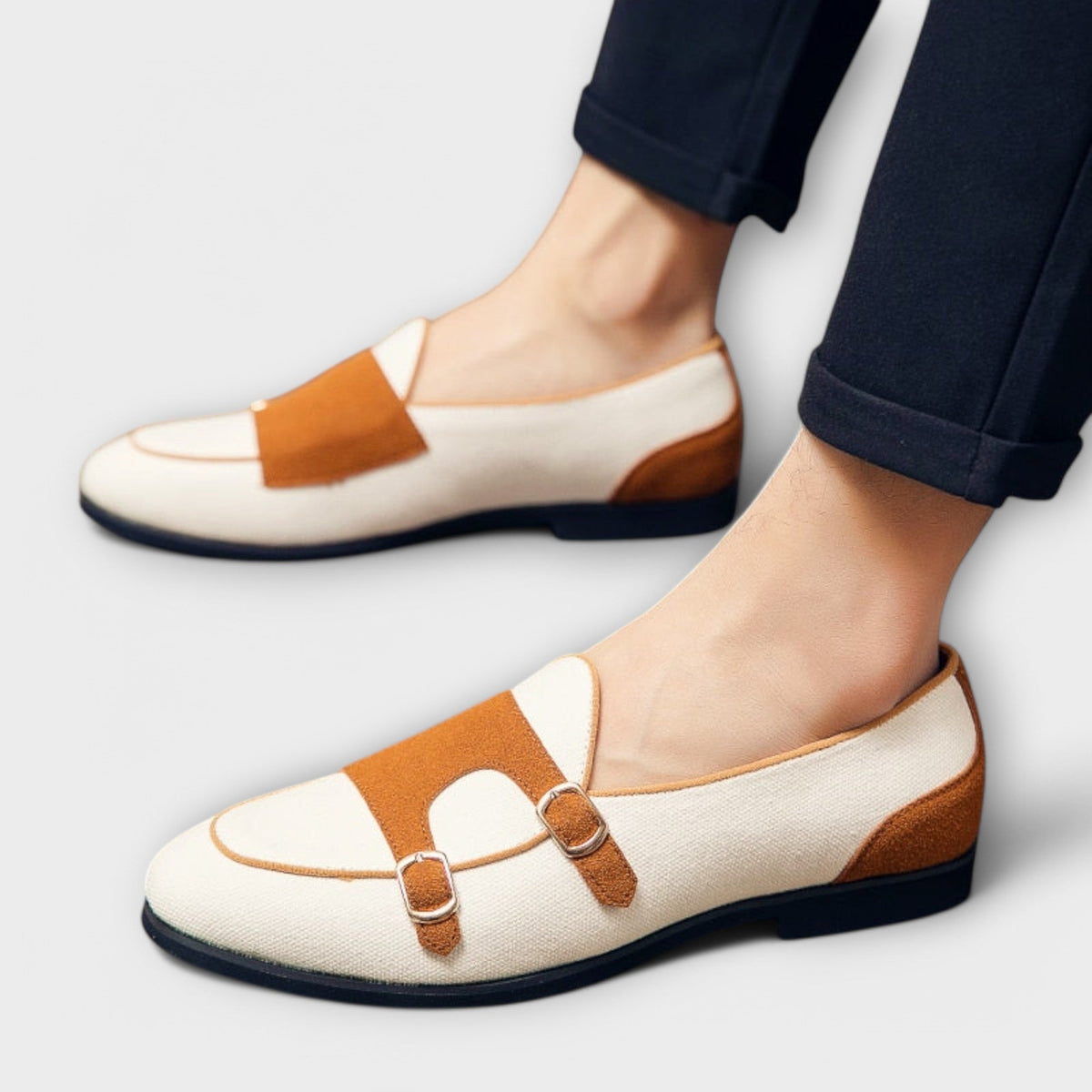 Round Toe Double Monk Strap Contrast Loafers