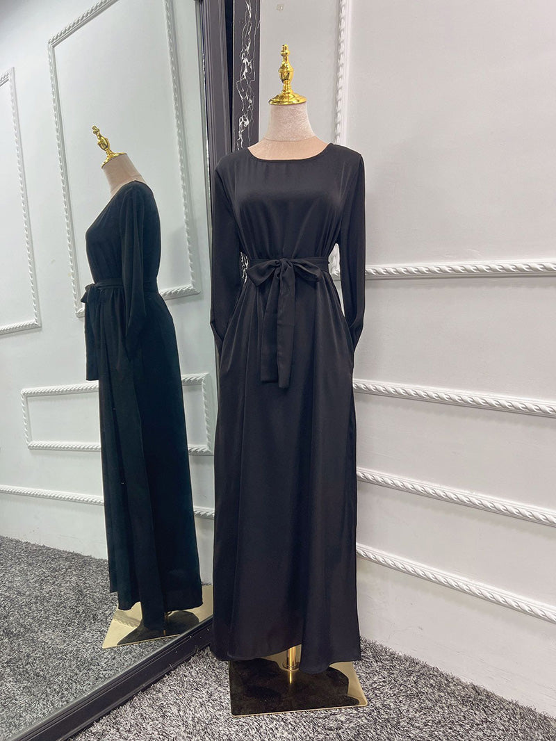 Satin Crew Neck Bell Sleeve Sash Tie A-Line Maxi Gown