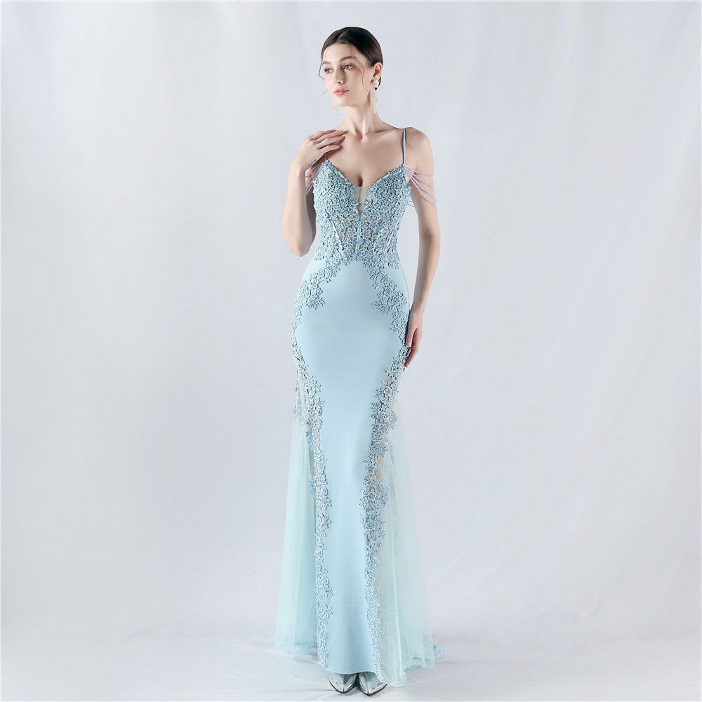 Lace Beaded Spaghetti Strap Sheer Mermaid Maxi Dress