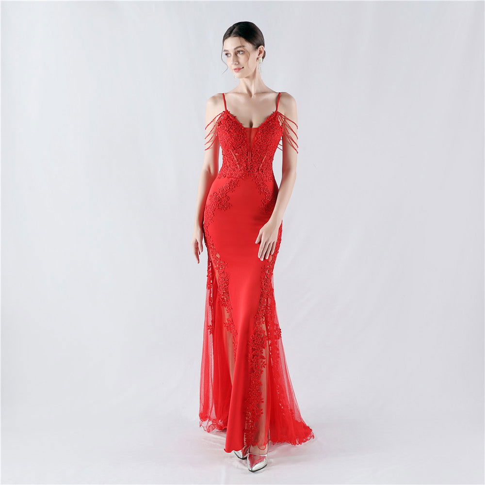 Lace Beaded Spaghetti Strap Sheer Mermaid Maxi Dress