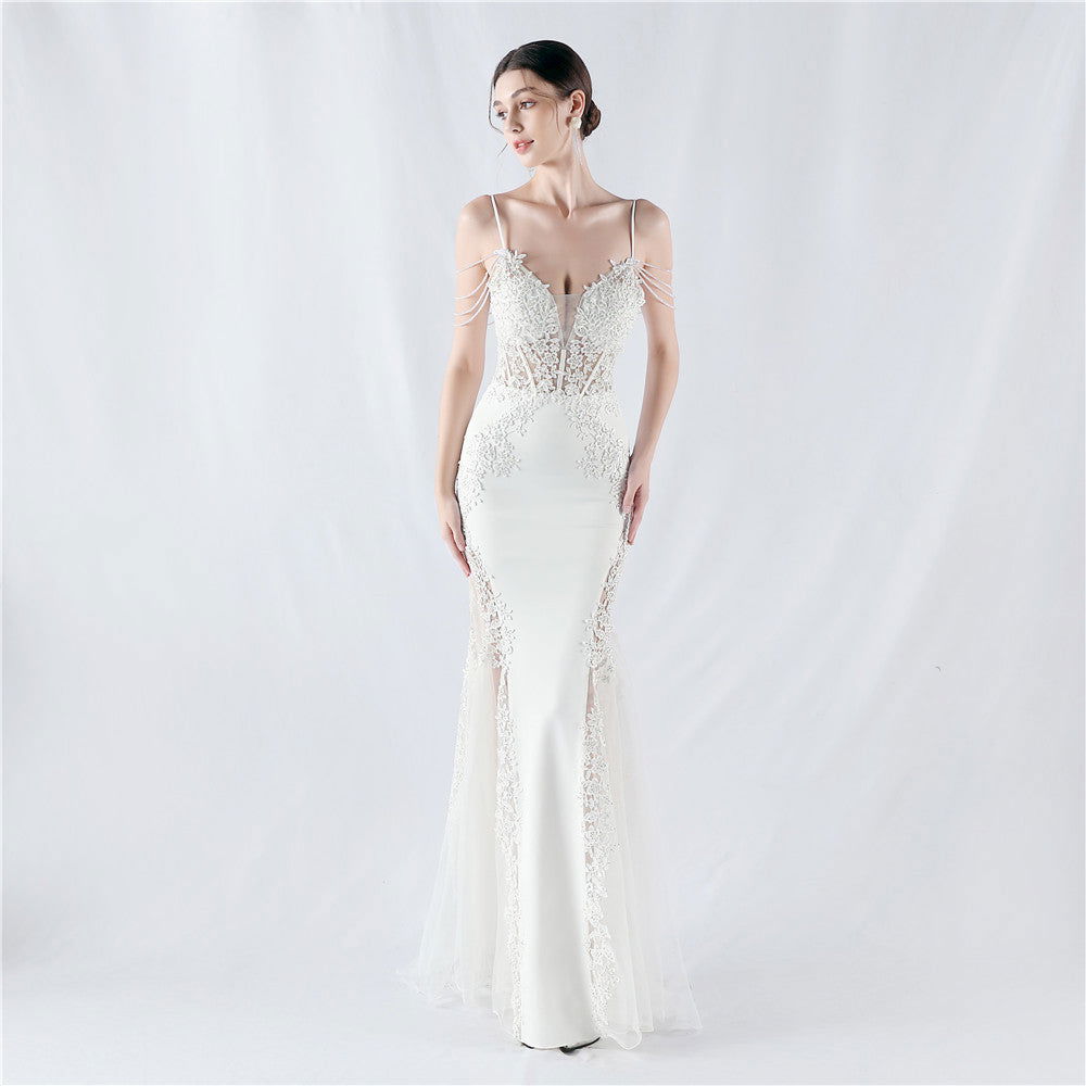 Lace Beaded Spaghetti Strap Sheer Mermaid Maxi Dress