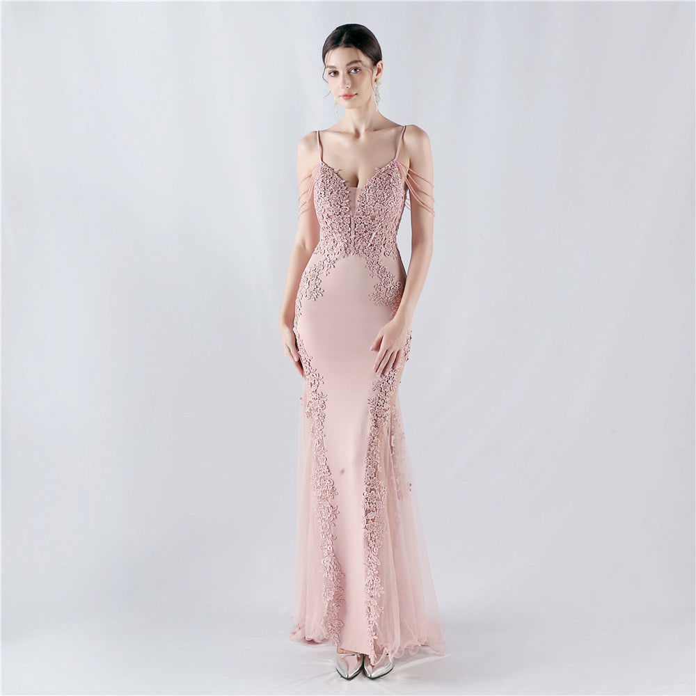 Lace Beaded Spaghetti Strap Sheer Mermaid Maxi Dress