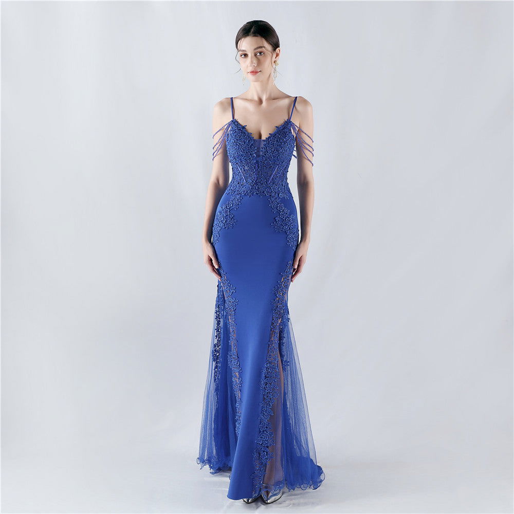 Lace Beaded Spaghetti Strap Sheer Mermaid Maxi Dress