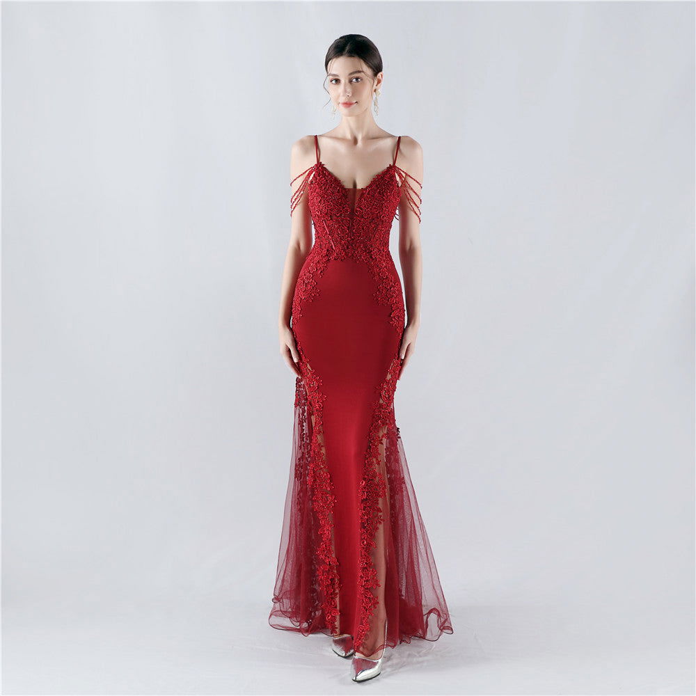 Lace Beaded Spaghetti Strap Sheer Mermaid Maxi Dress