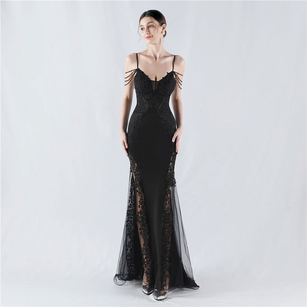 Lace Beaded Spaghetti Strap Sheer Mermaid Maxi Dress