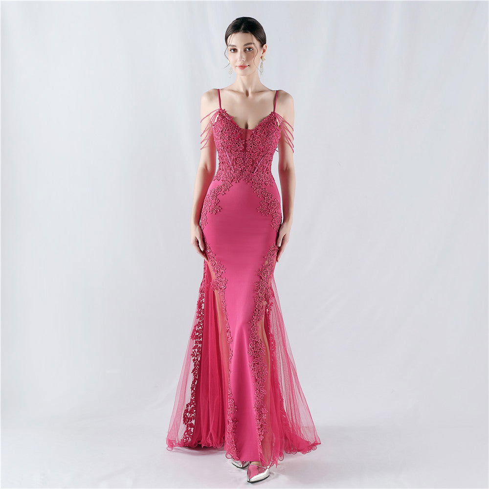 Lace Beaded Spaghetti Strap Sheer Mermaid Maxi Dress - View 9