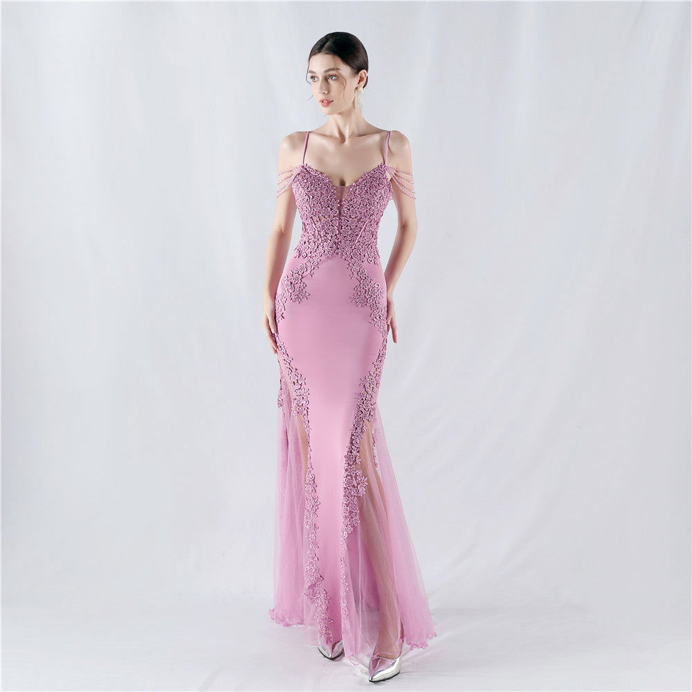Lace Beaded Spaghetti Strap Sheer Mermaid Maxi Dress