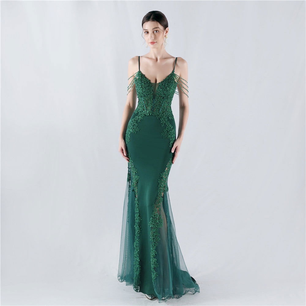 Lace Beaded Spaghetti Strap Sheer Mermaid Maxi Dress