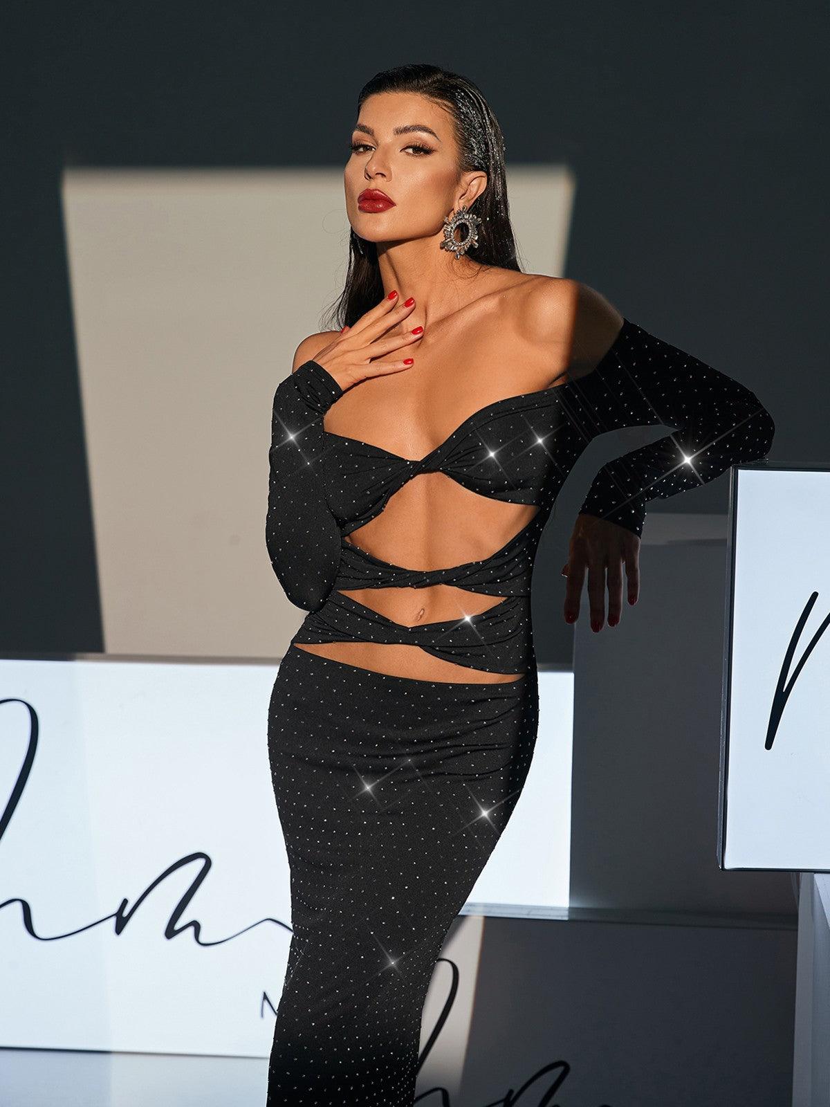 Off Shoulder Rhinestone Cutout Maxi Dress - View 3