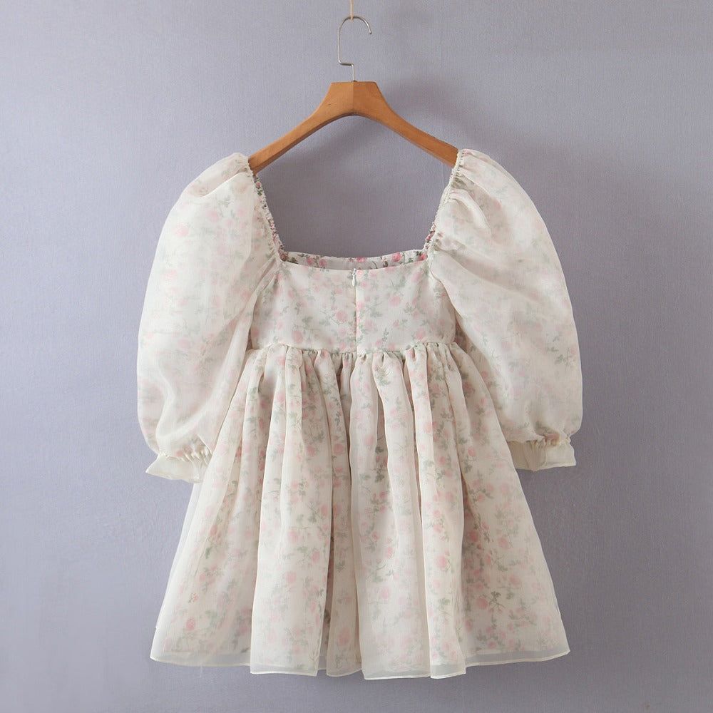 Organza Puff Sleeve Open Back Fit and Flare Puffy Mini Dress 9