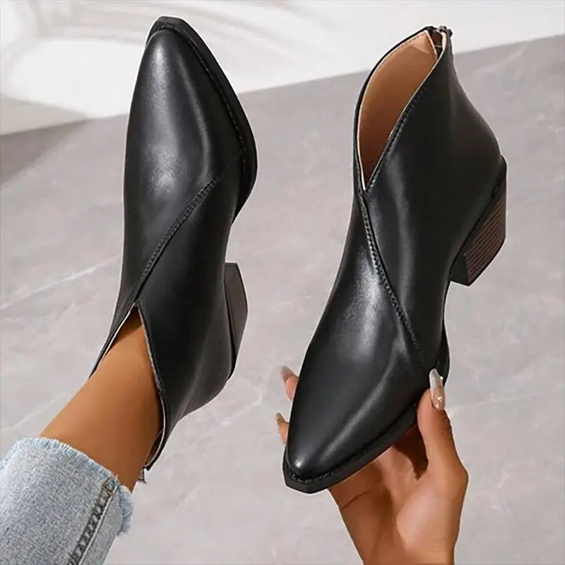 Pointed Toe Cut Out Back Zip Block Heel Ankle Boots