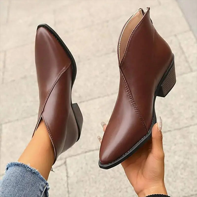 Pointed Toe Cut Out Back Zip Block Heel Ankle Boots