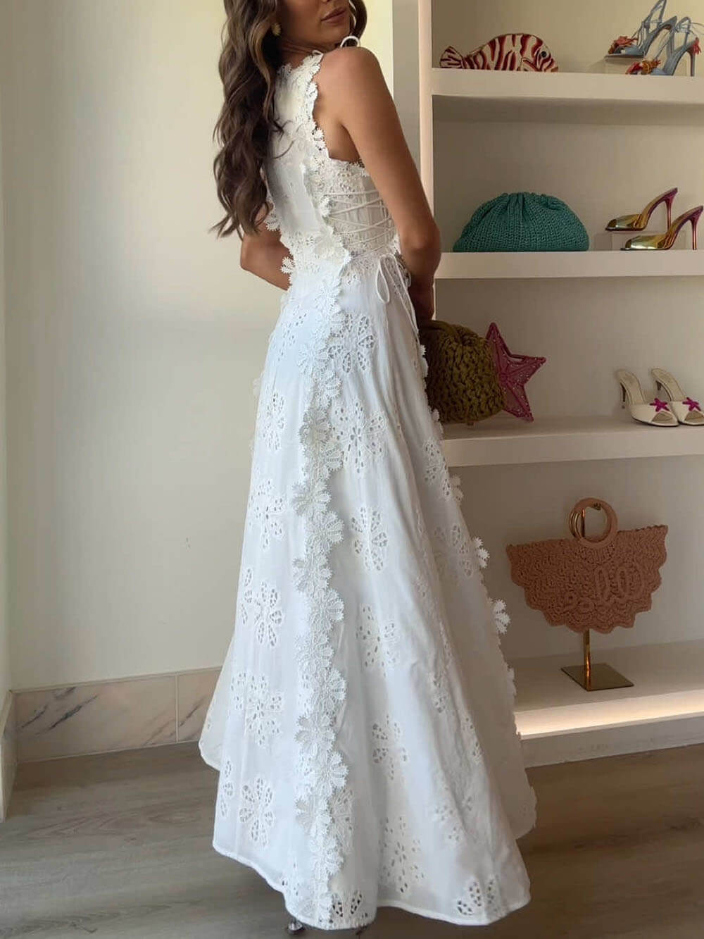 Eyelet Embroidery Scalloped Lace Trim High Neck Side Tie Maxi Dress
