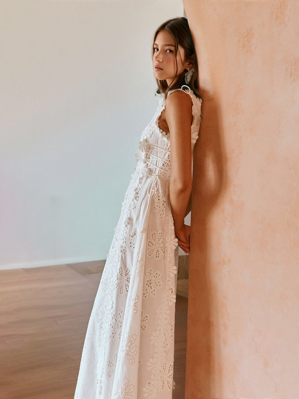 Eyelet Embroidery Scalloped Lace Trim High Neck Side Tie Maxi Dress