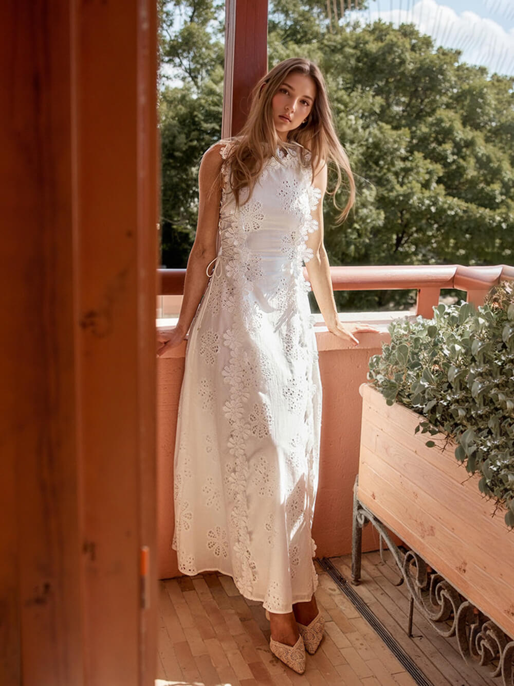 Eyelet Embroidery Scalloped Lace Trim High Neck Side Tie Maxi Dress