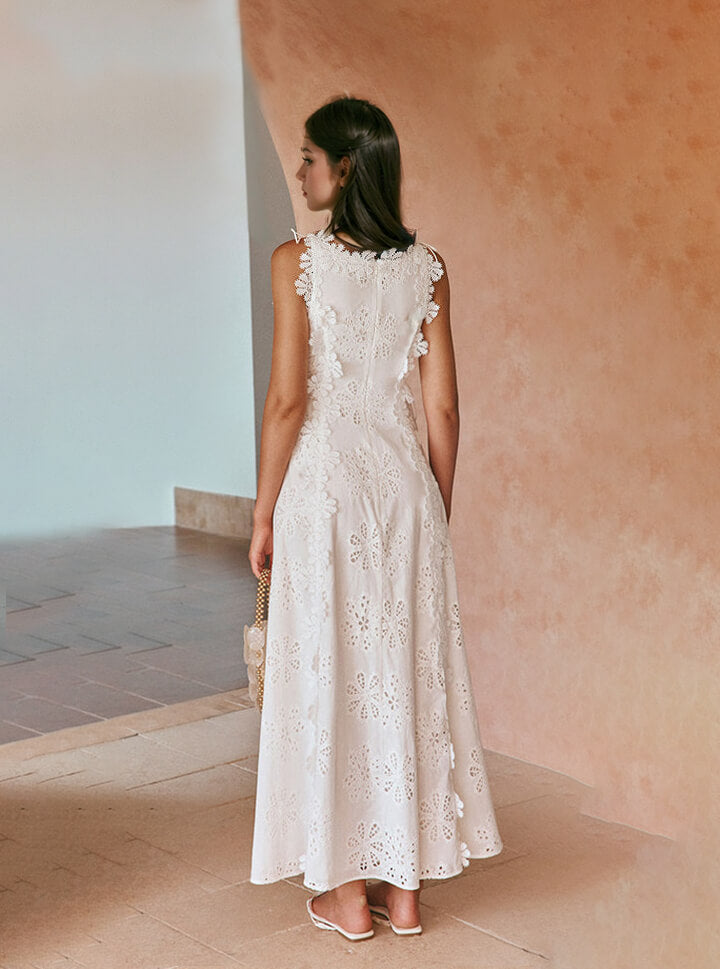 Eyelet Embroidery Scalloped Lace Trim High Neck Side Tie Maxi Dress