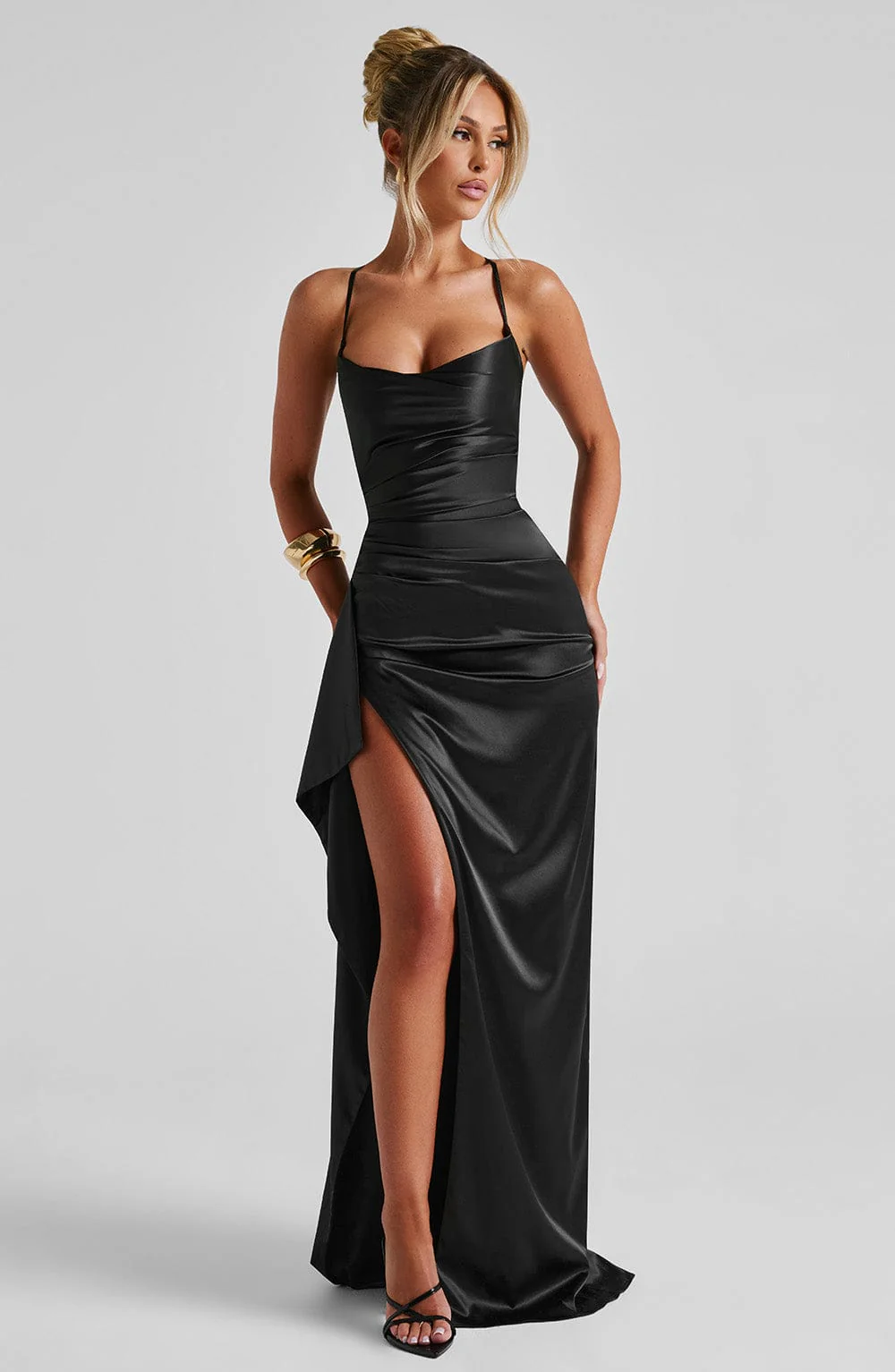 Satin Cowl Neck Ruched High Split Maxi Dress Prom