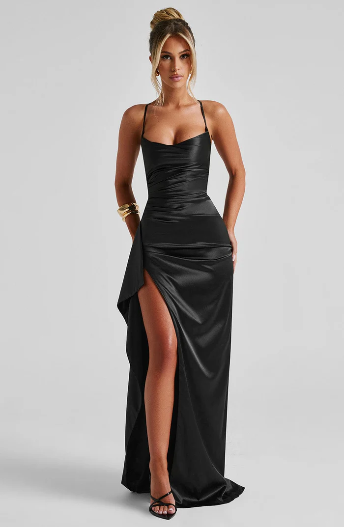 Satin Cowl Neck Ruched High Split Maxi Dress Prom