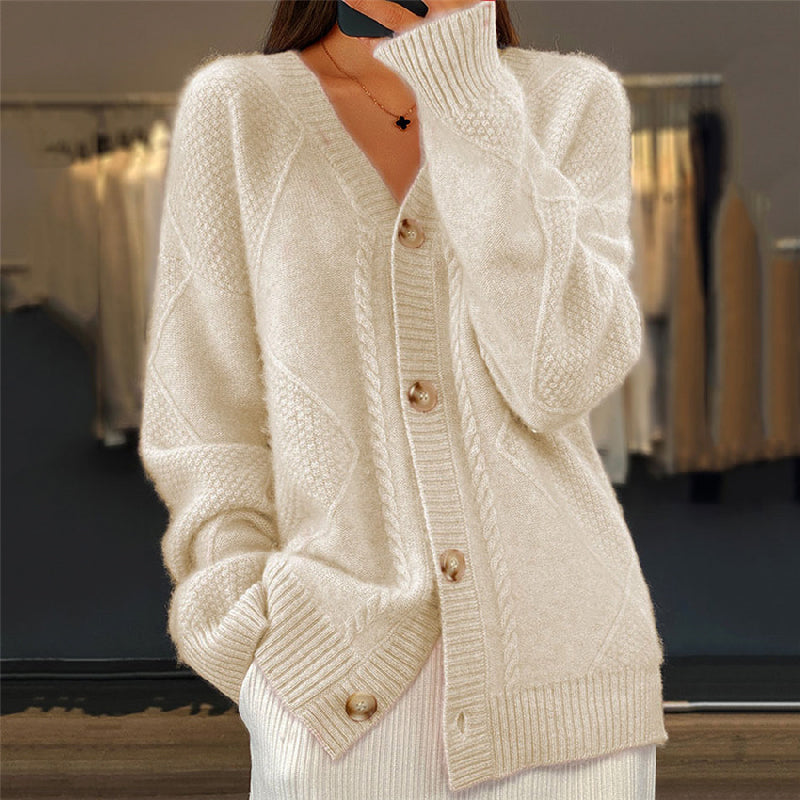 V-Neck Button Front Cable Knit Cardigan