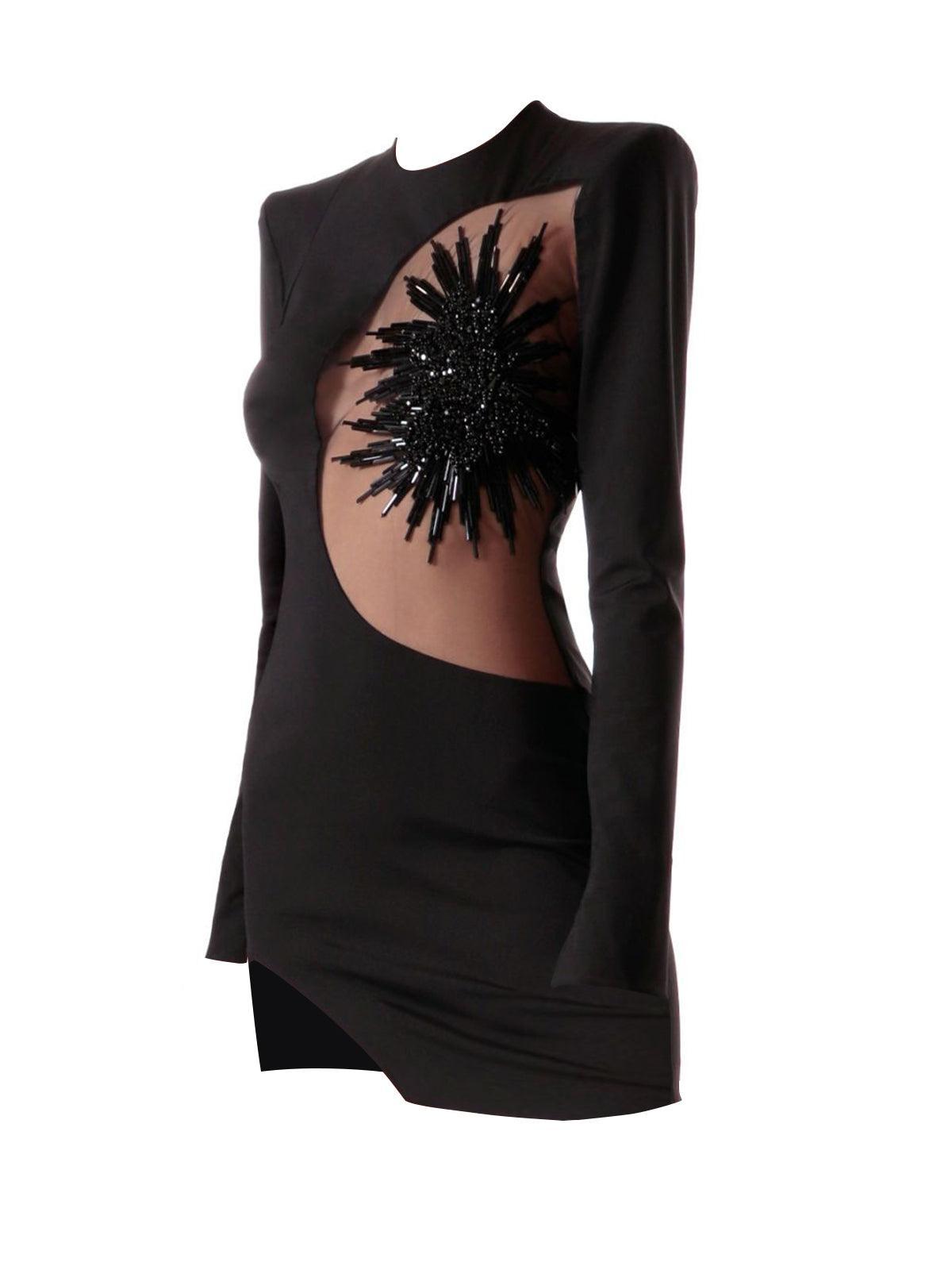 Long Sleeve Crew Neck Mesh Cut Out Sequin Starburst Bandage Mini Dress