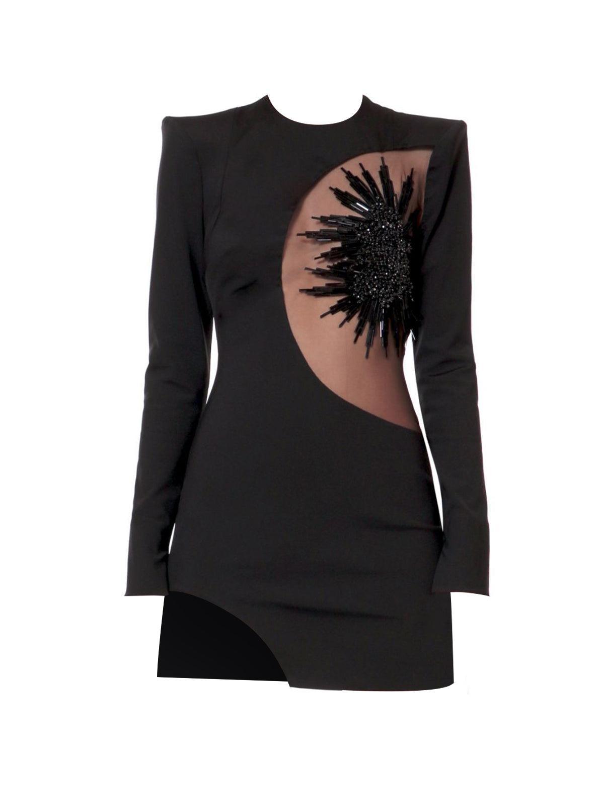 Long Sleeve Crew Neck Mesh Cut Out Sequin Starburst Bandage Mini Dress