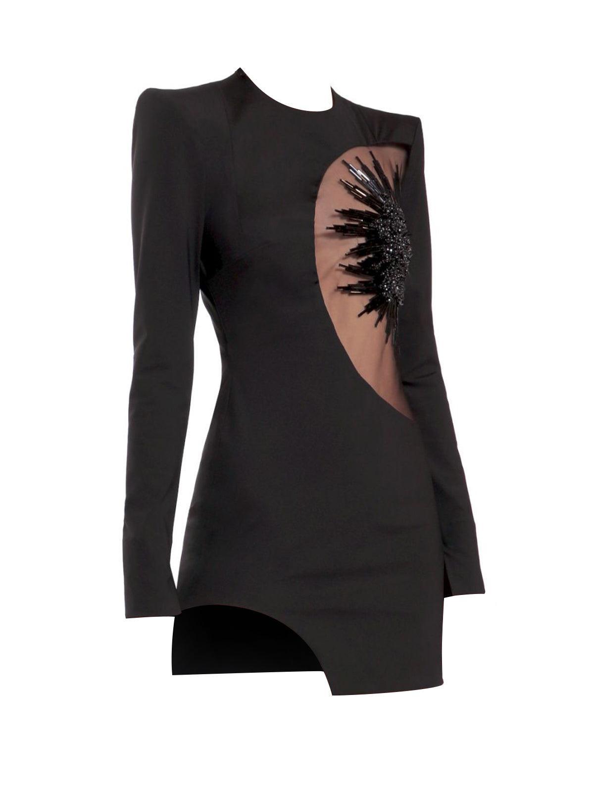 Long Sleeve Crew Neck Mesh Cut Out Sequin Starburst Bandage Mini Dress