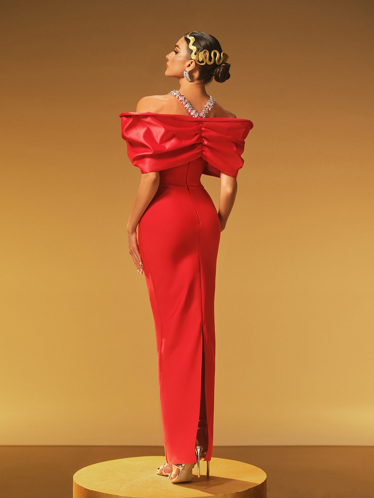Off Shoulder Oversized Bow Crystal Halter Strap Cut Out Column Maxi Gown
