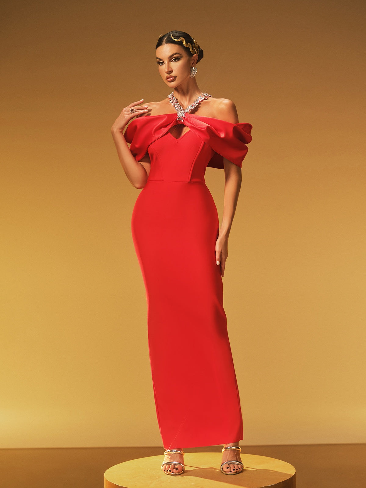 Off Shoulder Oversized Bow Crystal Halter Strap Cut Out Column Maxi Gown