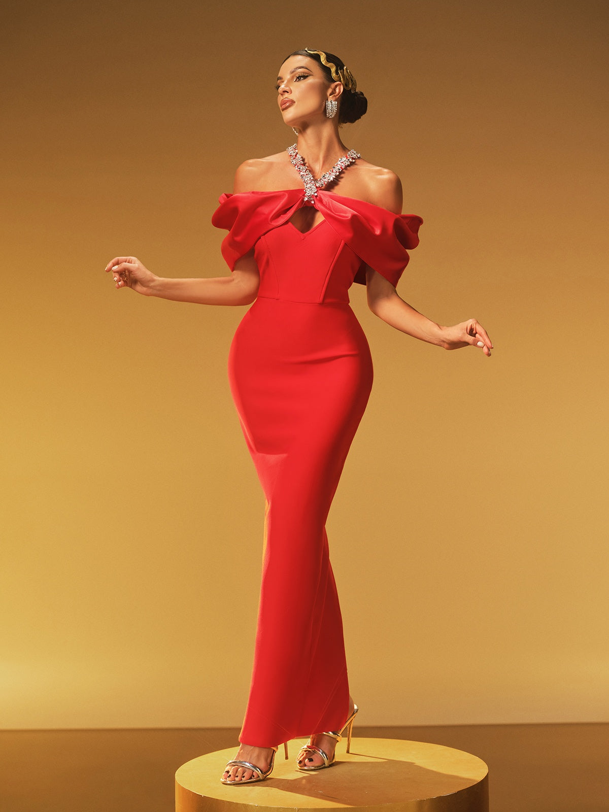 Off Shoulder Oversized Bow Crystal Halter Strap Cut Out Column Maxi Gown