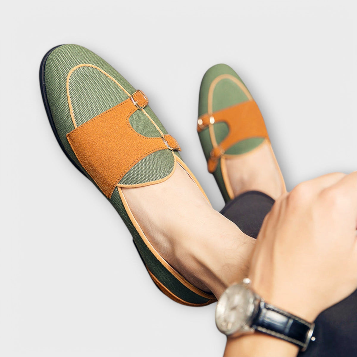 Round Toe Double Monk Strap Contrast Loafers