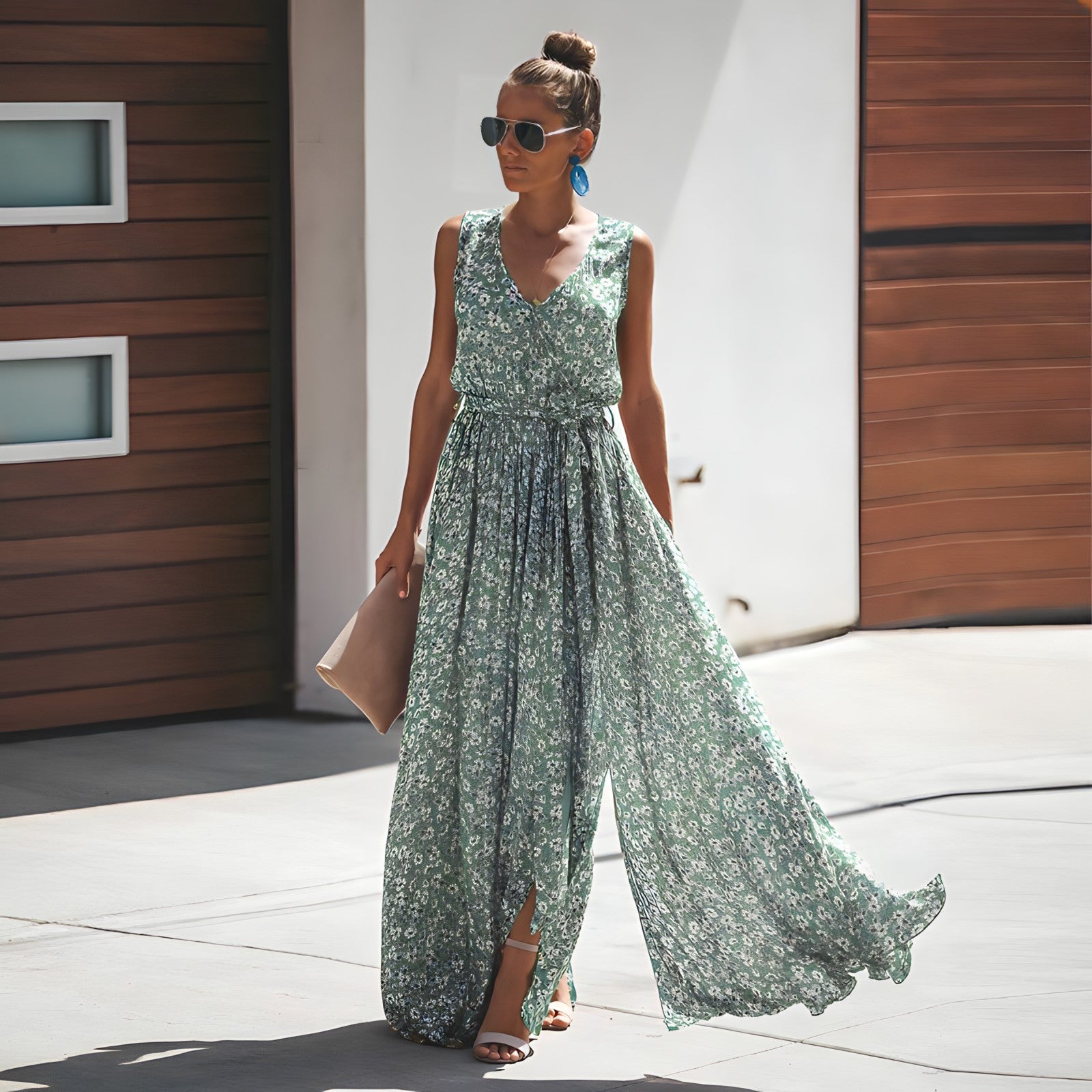 Floral Print V-Neck Wrap Sleeveless Belted Wide Leg Maxi Jumpsuit