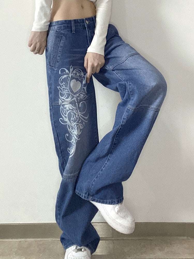 New Printed Baggy Y2K Jeans Women's Low Waist jeans Autumn Winter Oversize Wide Leg Baggy Pants Casual Cargo Trousers