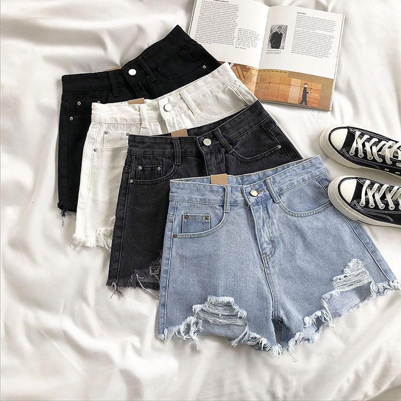 KittenAlarm - Casual High Waist Denim Shorts Women Summer Pocket Tassel Hole Ripped jeans Short Female Femme Short Pants Women