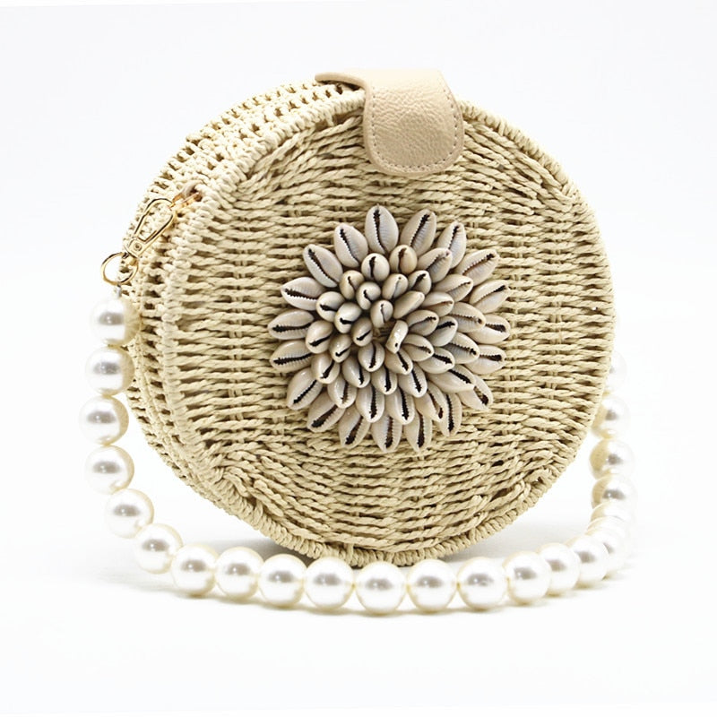 Round Shell Pearl Woven Straw Bag