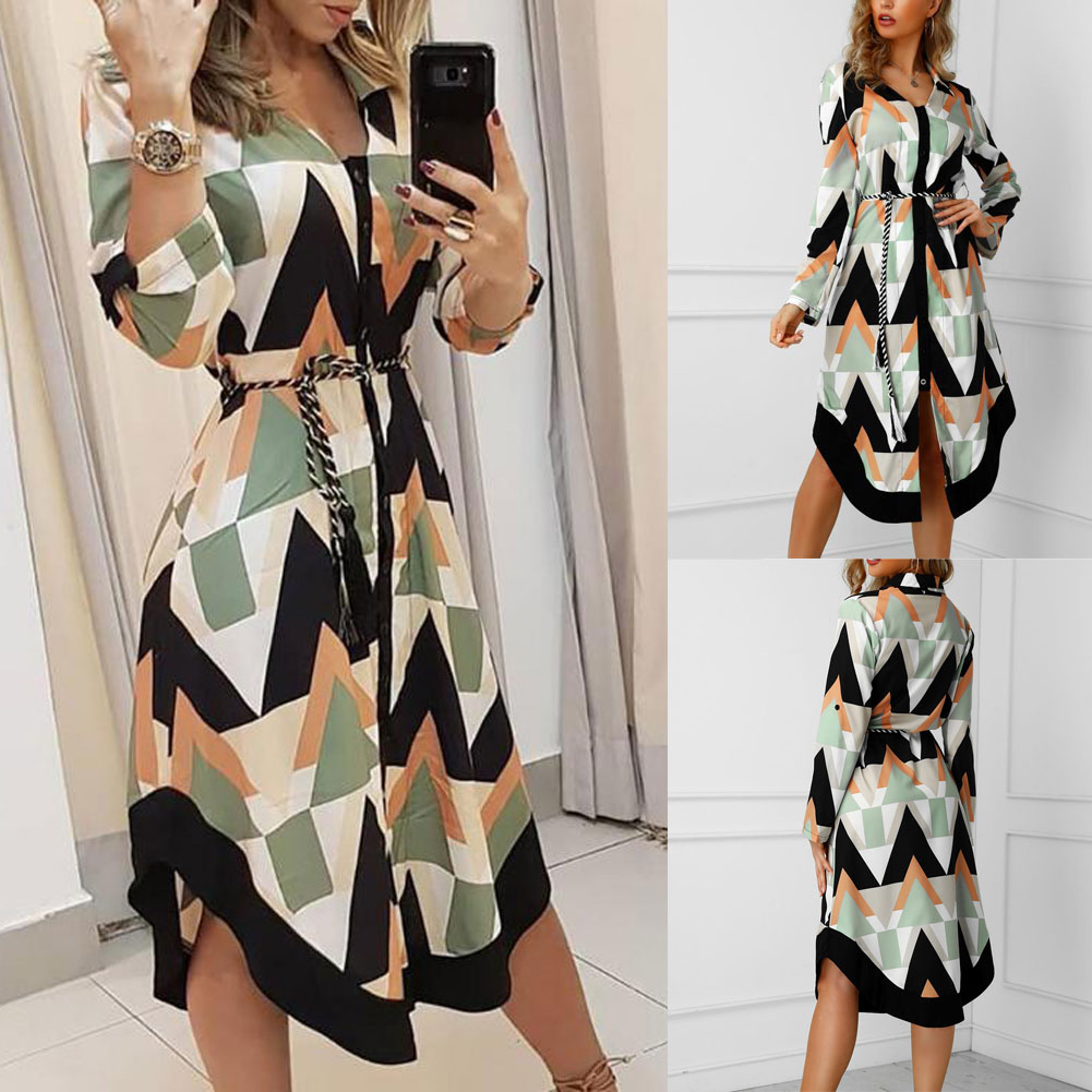 Geometric Print Collared Button Down Long Sleeve Belted High Low Hem Shirt Dress