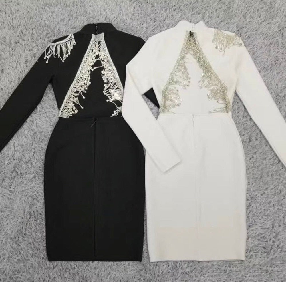 Mock Neck Long Sleeve Backless Rhinestone Fringe Bandage Mini Dress