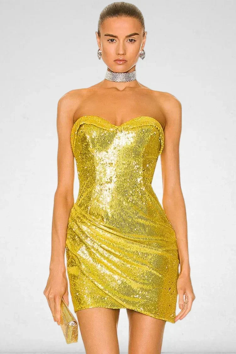 Sequin Strapless Sweetheart Ruched Wrap Bodycon Mini Dress