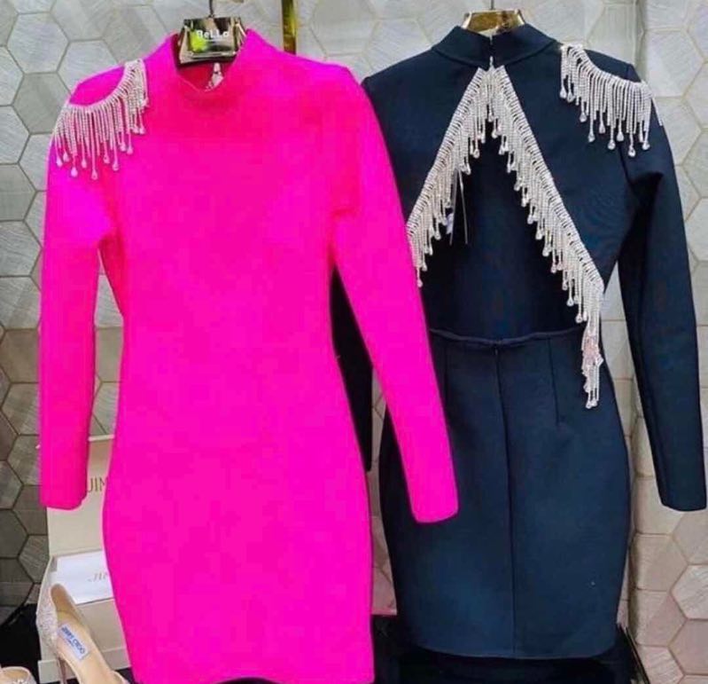 Mock Neck Long Sleeve Backless Rhinestone Fringe Bandage Mini Dress