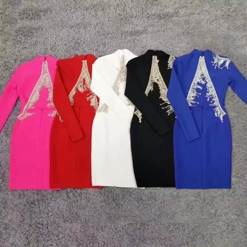 Mock Neck Long Sleeve Backless Rhinestone Fringe Bandage Mini Dress
