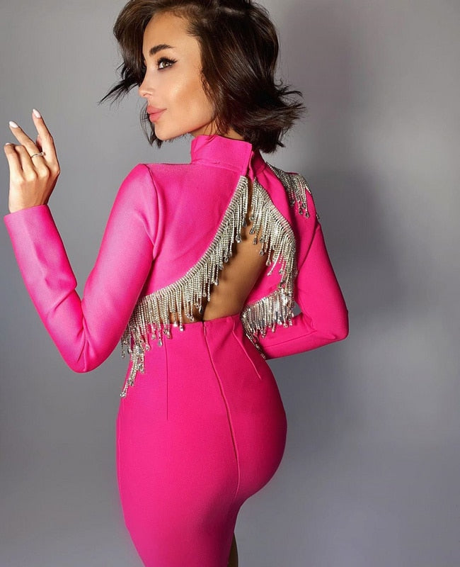 Mock Neck Long Sleeve Backless Rhinestone Fringe Bandage Mini Dress
