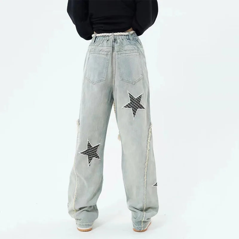 High-Waist Embroidered Wide-Leg Denim Jeans