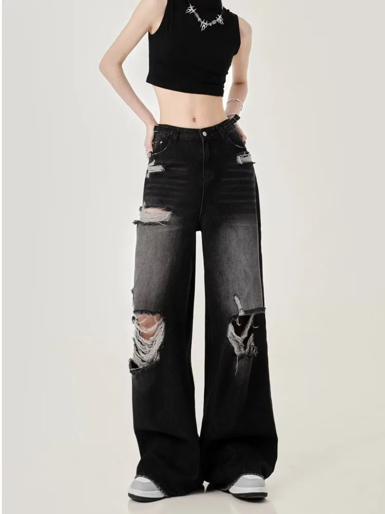 High Waist Ripped Distressed Washed Baggy Wide Leg Jeans 5