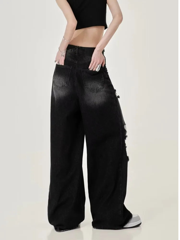 Distressed Wide-Leg Denim Jeans