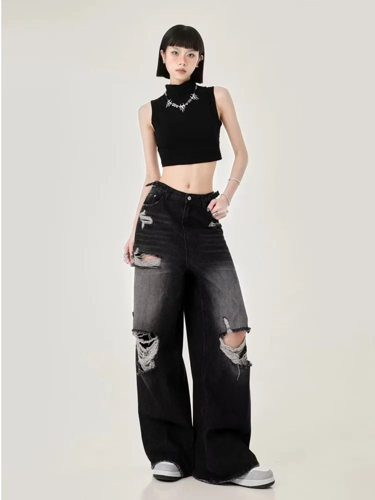 Distressed Wide-Leg Denim Jeans
